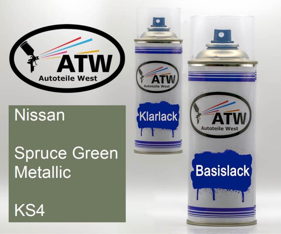 Nissan, Spruce Green Metallic, KS4: 400ml Sprühdose + 400ml Klarlack - Set, von ATW Autoteile West.